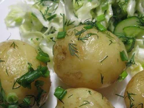 Молодой картофель с зеленью и салом